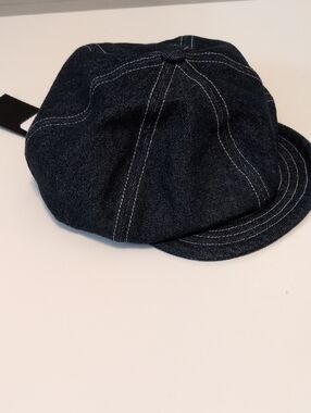 Free People Mossant Paris Dark Denim Newsboy Cap with White Topstitching